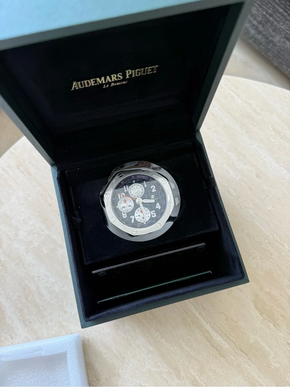 Audemars Piguet Silver and Black Dial Chronograph Desk Clock